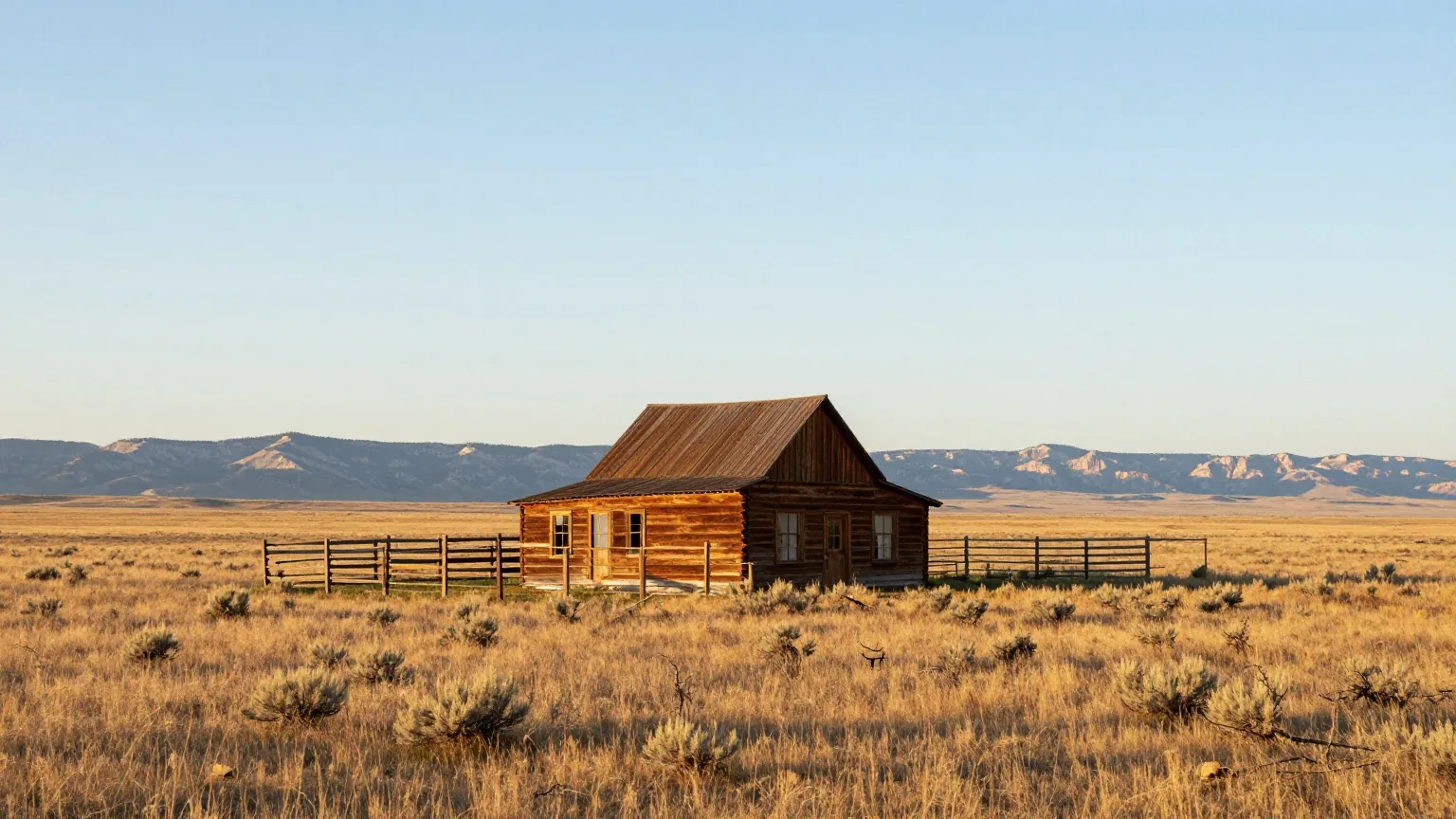 Weite Graslandschaft in Montana mit einem einfachen Ranchhaus aus Holz und einem Pferch aus Stangen, dahinter die Kette der Rocky Mountains im späten Nachmittagslicht
