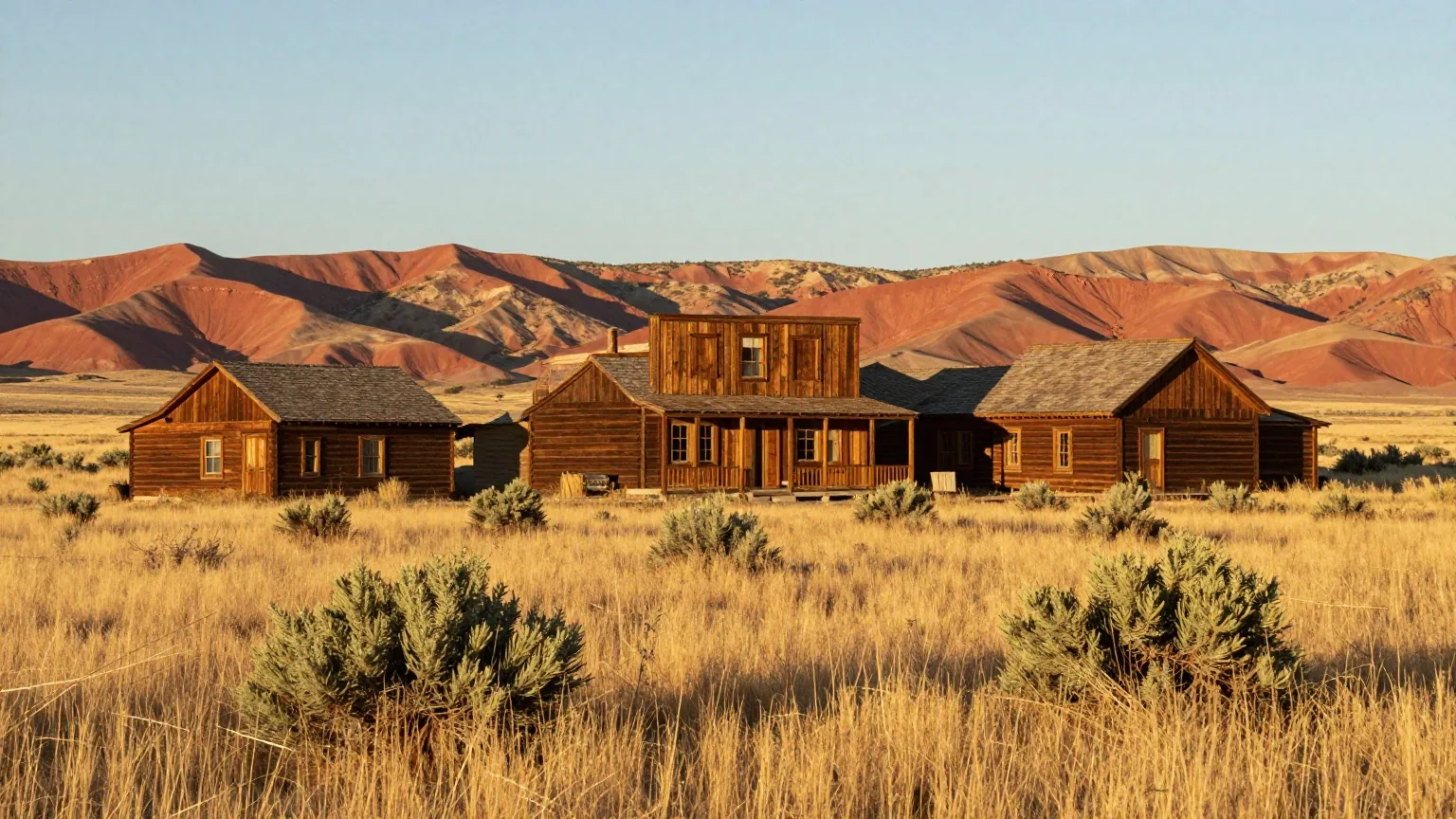 Weites Hochland in New Mexico mit Wacholder und goldenem Gras, unten eine kleine leere Bergbaustadt aus verwittertem Holz vor roten Tafelbergen im Licht der späten Nachmittagssonne