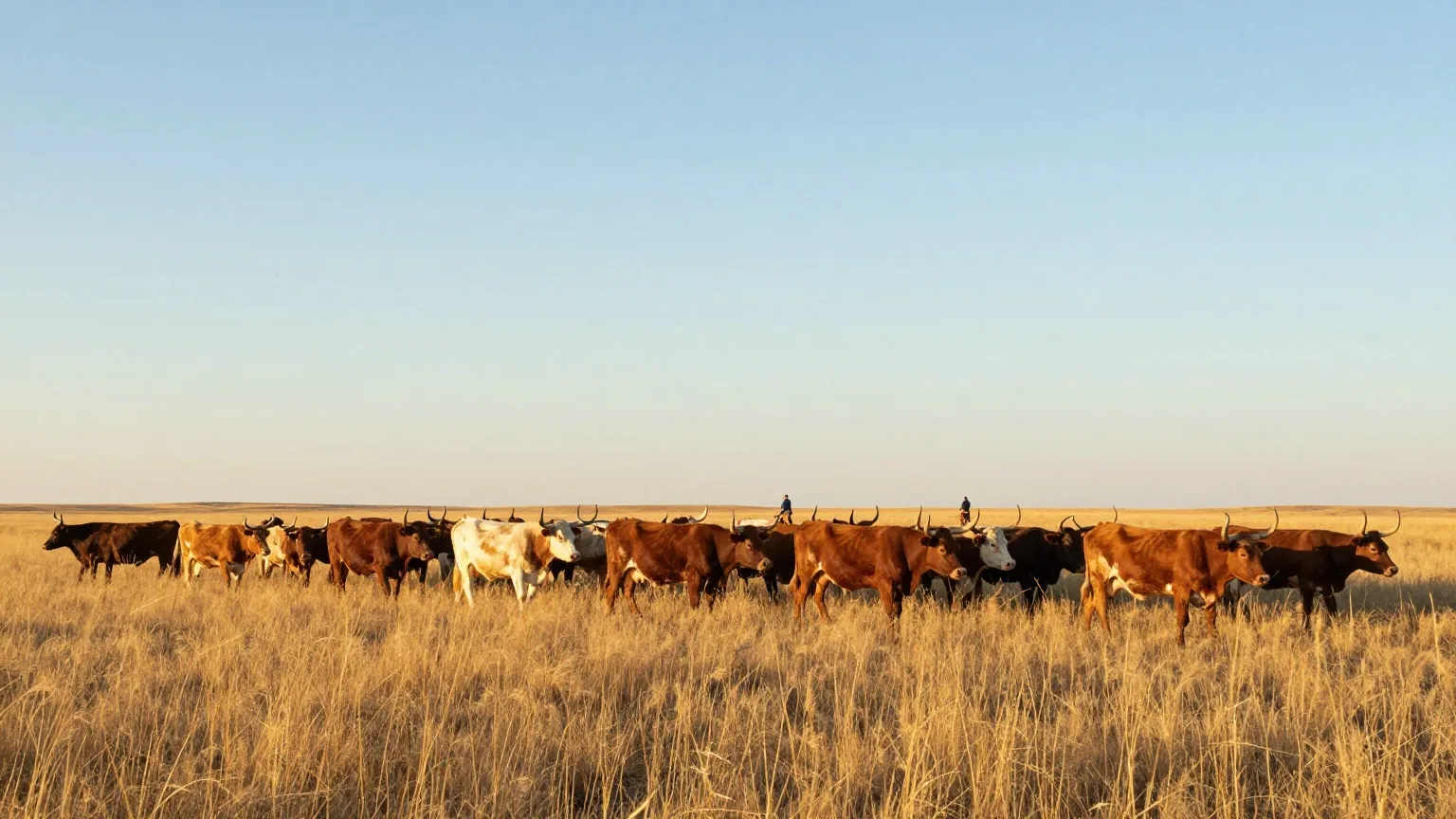 Eine lange Herde Longhornrinder zieht durch hohes Präriegras unter weitem Himmel, zwei Reiter als kleine Silhouetten am Rand der Herde im goldenen Abendlicht