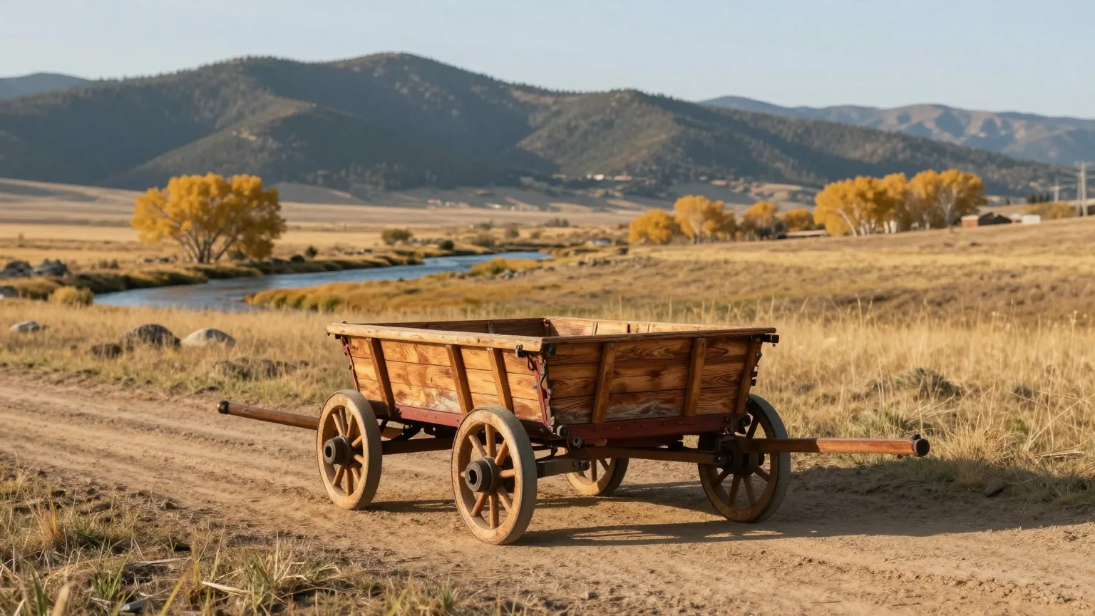 Leerer Pferdewagen auf einem Feldweg durch hügeliges Grasland, dahinter Pappeln an einem Bach und eine Bergkette in Montana im warmen Nachmittagslicht