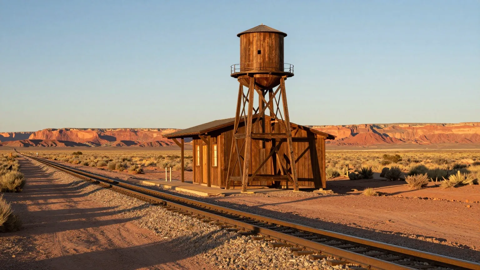 Hölzerner Bahnsteig einer kleinen Bahnstation in der Wüste mit einem Wasserturm aus Holz und Gleisen, die zu fernen Tafelbergen führen, im warmen Abendlicht