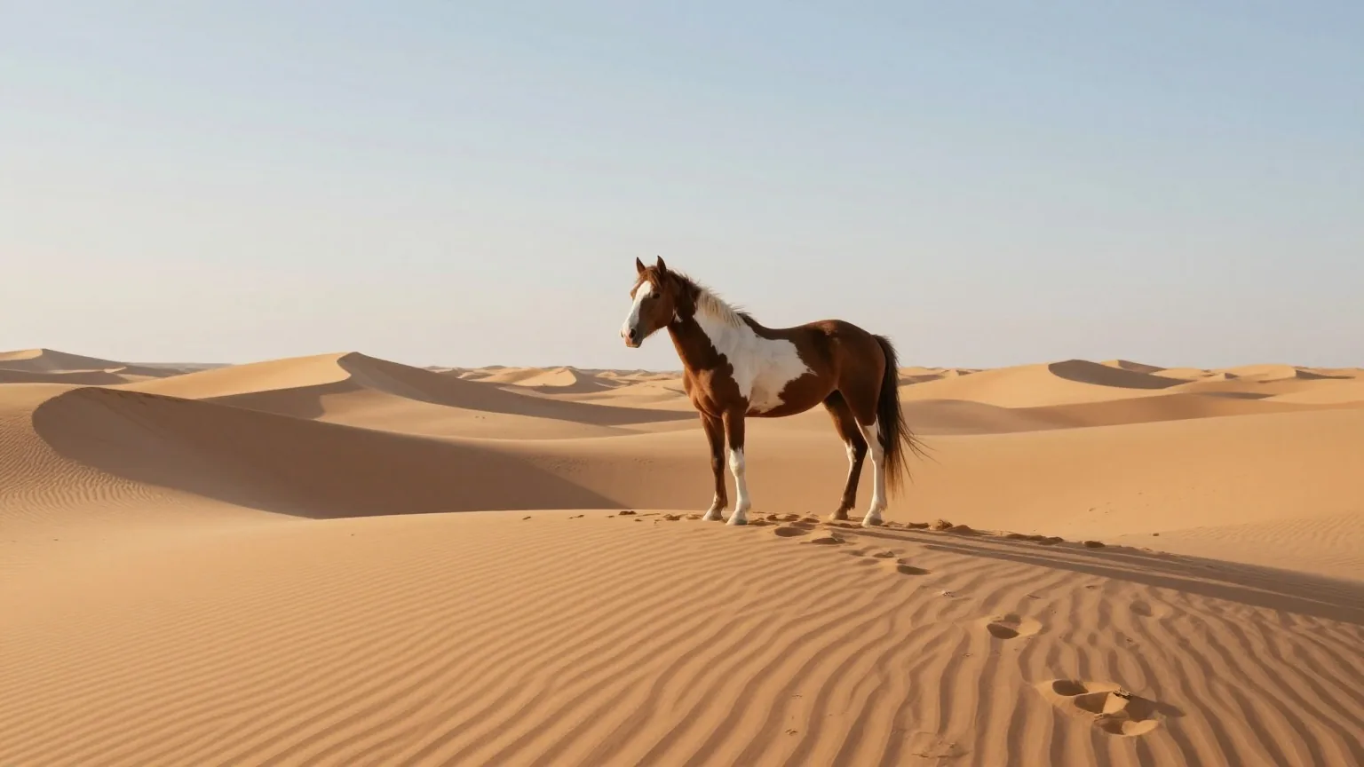 Gescheckter Mustang ohne Reiter auf dem Kamm einer hohen Sanddüne, dahinter weitere Dünen bis zum Horizont im warmen Licht der späten Nachmittagssonne