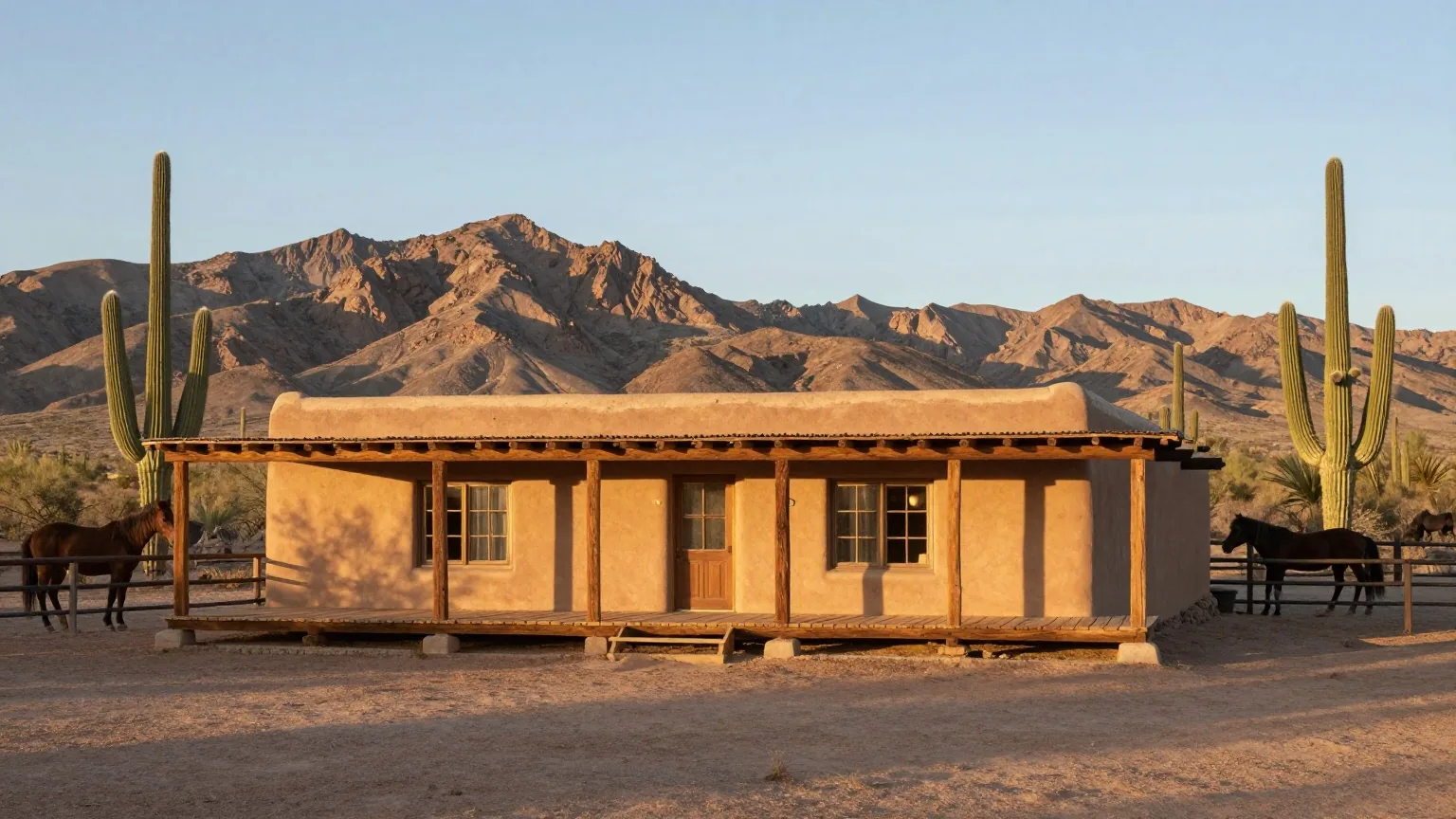Flaches Ranchhaus aus Lehmziegeln mit hölzerner Veranda und Pferdekoppel in der Sonora-Wüste, dahinter Saguaro-Kakteen und kahle Berge im Licht des späten Nachmittags