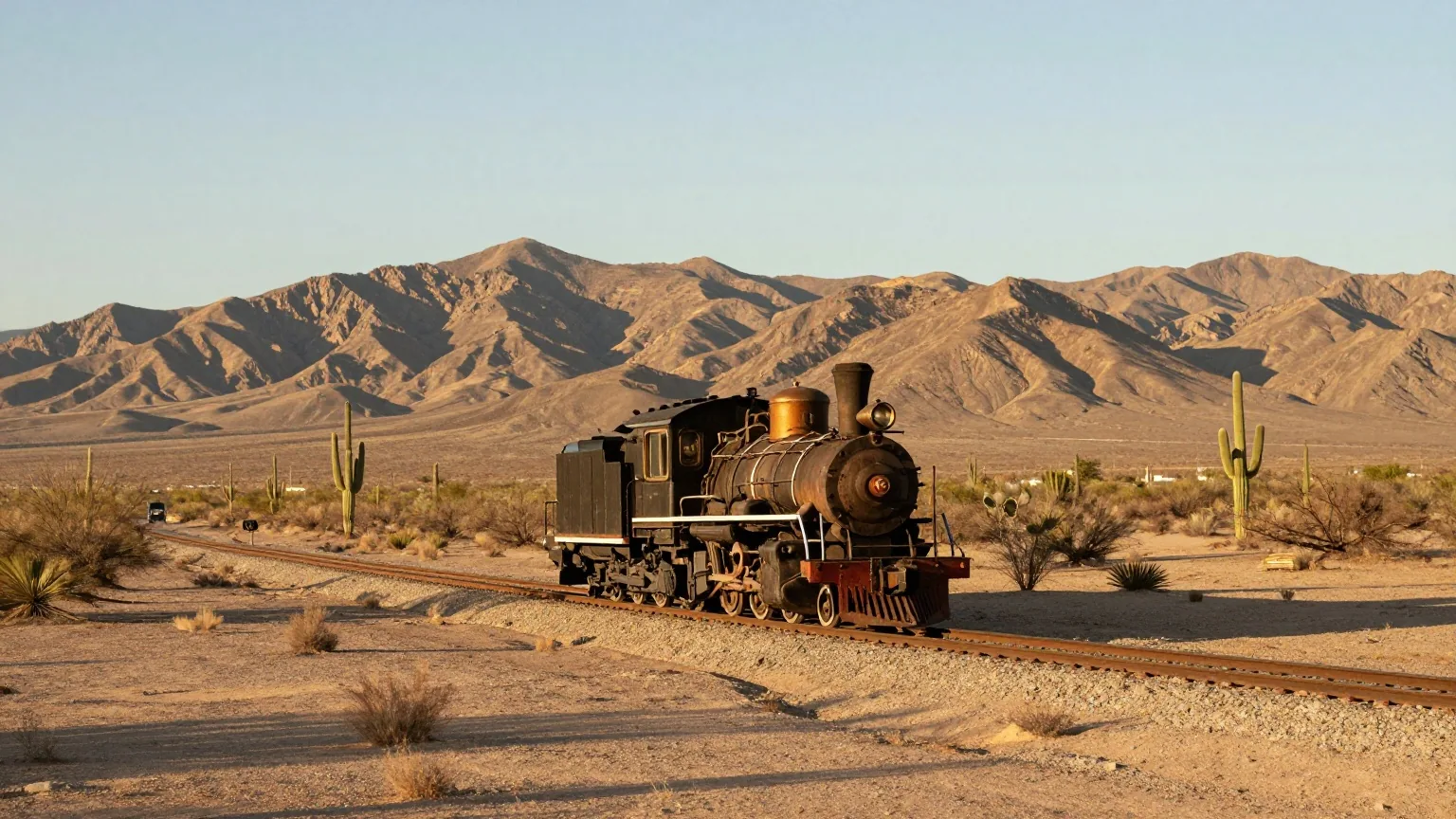 Kleine Dampflokomotive auf einem einzelnen Gleis in einer weiten Wüstenebene, dahinter Saguaro-Kakteen und kahle Berge im Nachmittagslicht