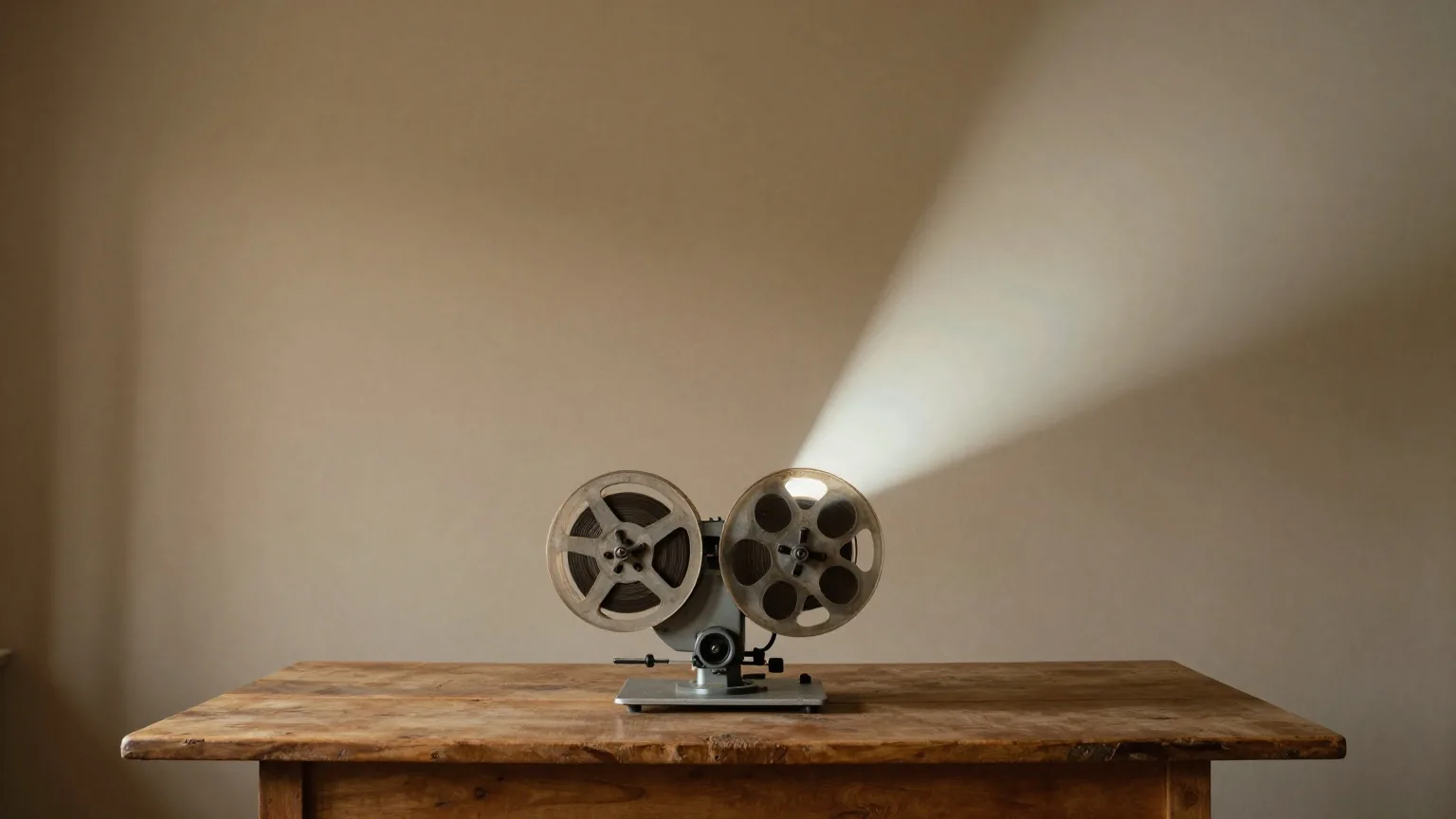 Alter Kinoprojektor mit zwei Filmspulen auf einem Holztisch in einem dunklen Raum, ein breiter Lichtstrahl fällt durch den Staub auf eine helle Wand