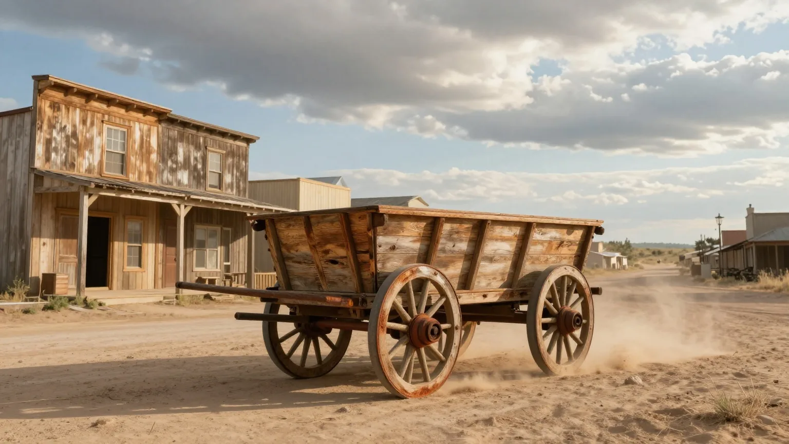 Leerer hölzerner Handkarren auf der staubigen Straße einer verlassenen Westernstadt, Wind treibt Sand vor grauen Wolken