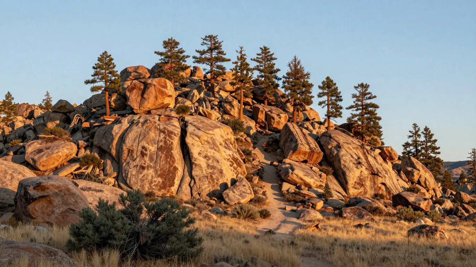 Bewaldeter Berghang mit Granitblöcken und Gelbkiefern über einer Hochwüste in New Mexico, ein schmaler Reitpfad zwischen den Felsen im Licht des späten Nachmittags