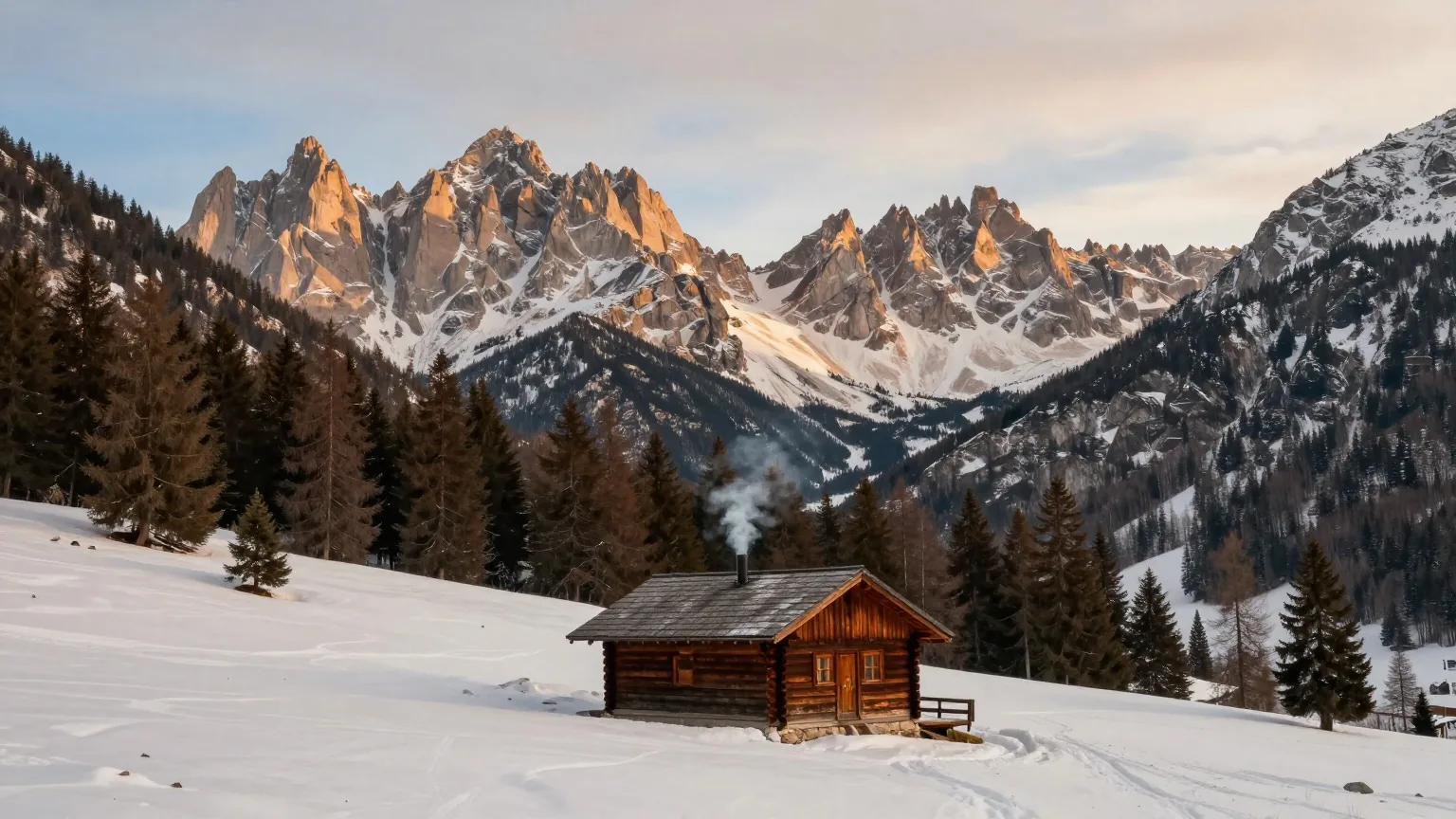 Verschneites Hochtal mit dunklen Fichten und einer einsamen Holzhütte vor schroffen Felsgipfeln im kalten Licht eines Winternachmittags