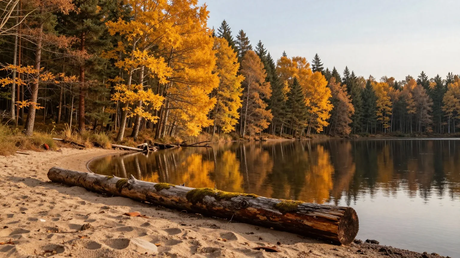 Stiller Waldsee im Herbst mit goldenem Laub und dunklen Kiefern am Ufer, am Strand ein bemooster Baumstamm im Licht der späten Nachmittagssonne