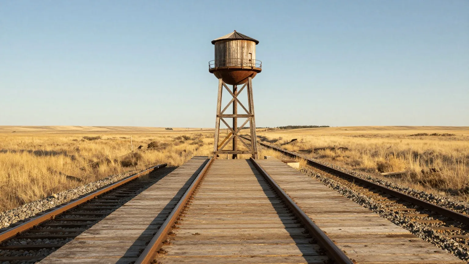 Leerer Bahnsteig aus Holzbohlen an einer kleinen Bahnstation in der Prärie, Schienen bis zum Horizont und ein hölzerner Wasserturm in greller Mittagssonne