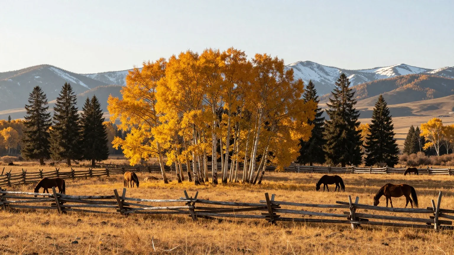 Herbstlich goldene Wiese mit Espen und dunklen Fichten, dazwischen einige grasende Pferde, dahinter Berggipfel mit erstem Schnee