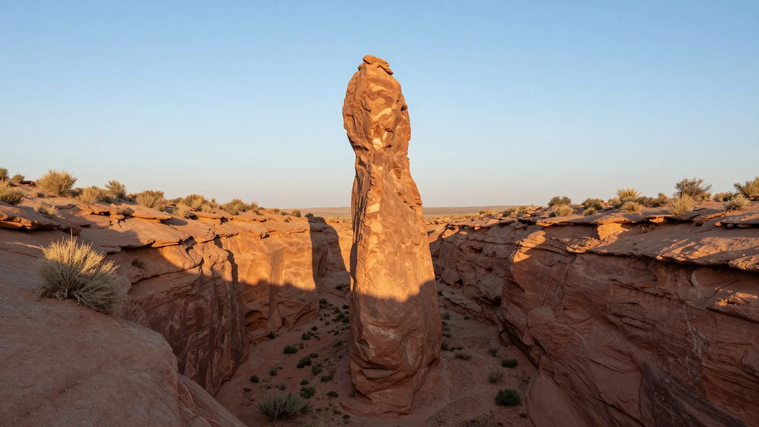Schlanke Felsnadel über einem engen Wüstencanyon bei Sonnenaufgang, ihr langer Schatten fällt über rote Sandsteinwände