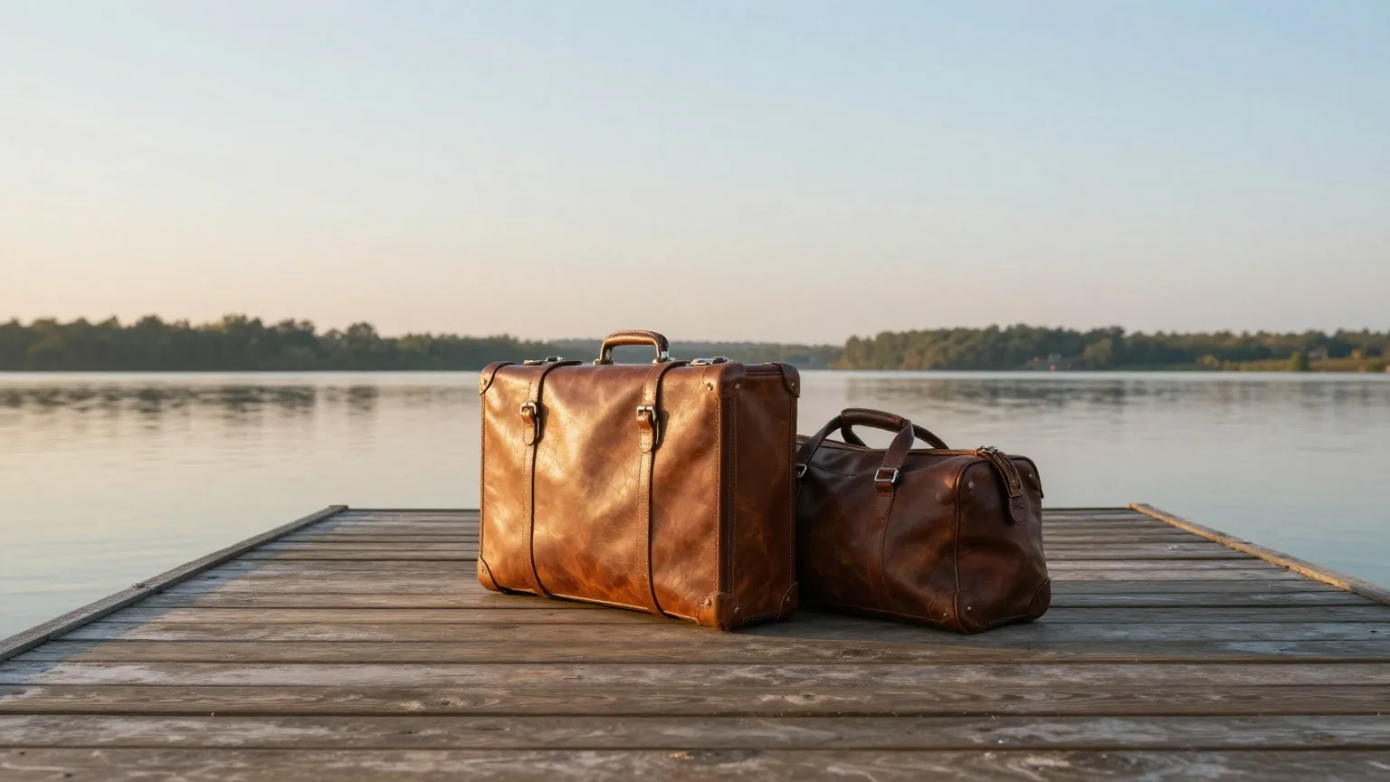 Lederkoffer und Reisetasche auf den Holzbohlen eines leeren Anlegers, dahinter ruhiges Wasser und ein dunstiges Ufer im warmen Abendlicht