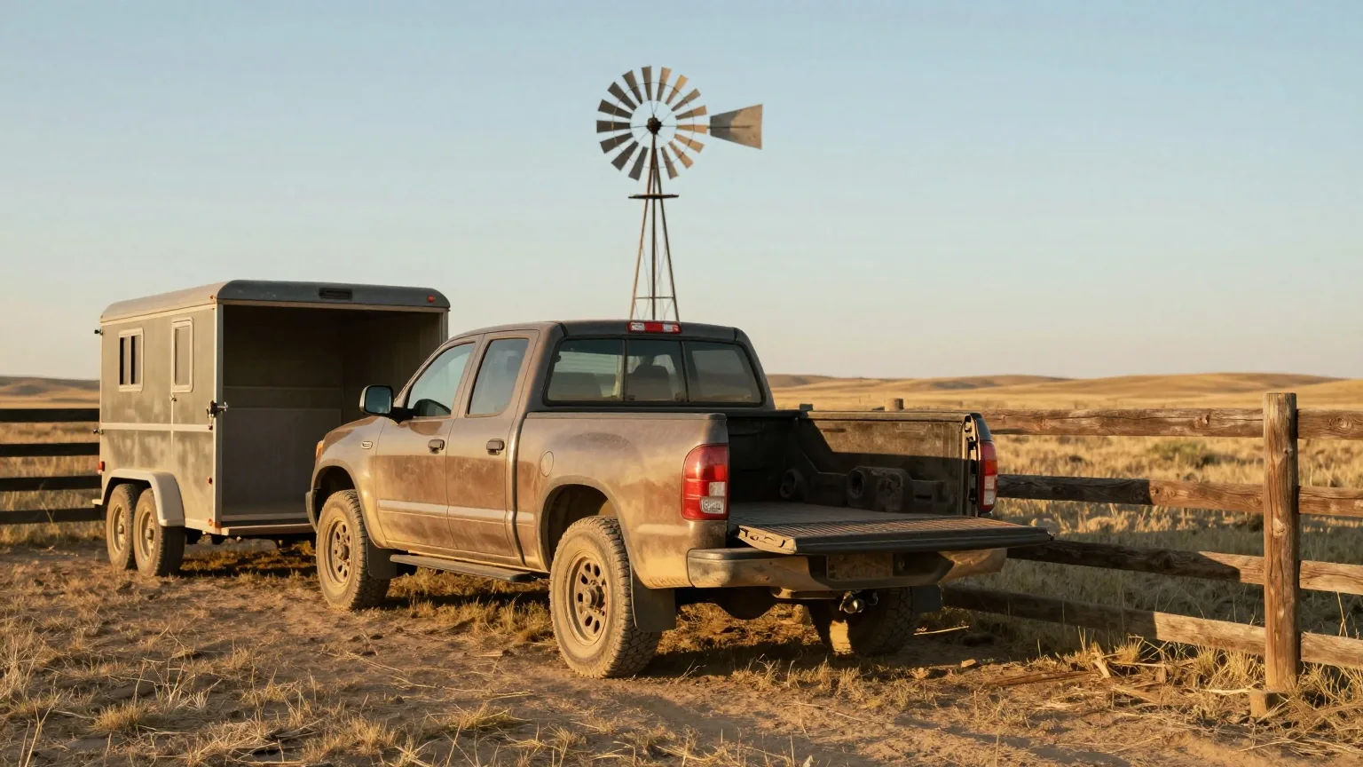 Leerer Pick-up mit offener Ladefläche an einem Weidezaun, daneben ein Pferdeanhänger, dahinter flaches Grasland und ein Windrad im späten Nachmittagslicht