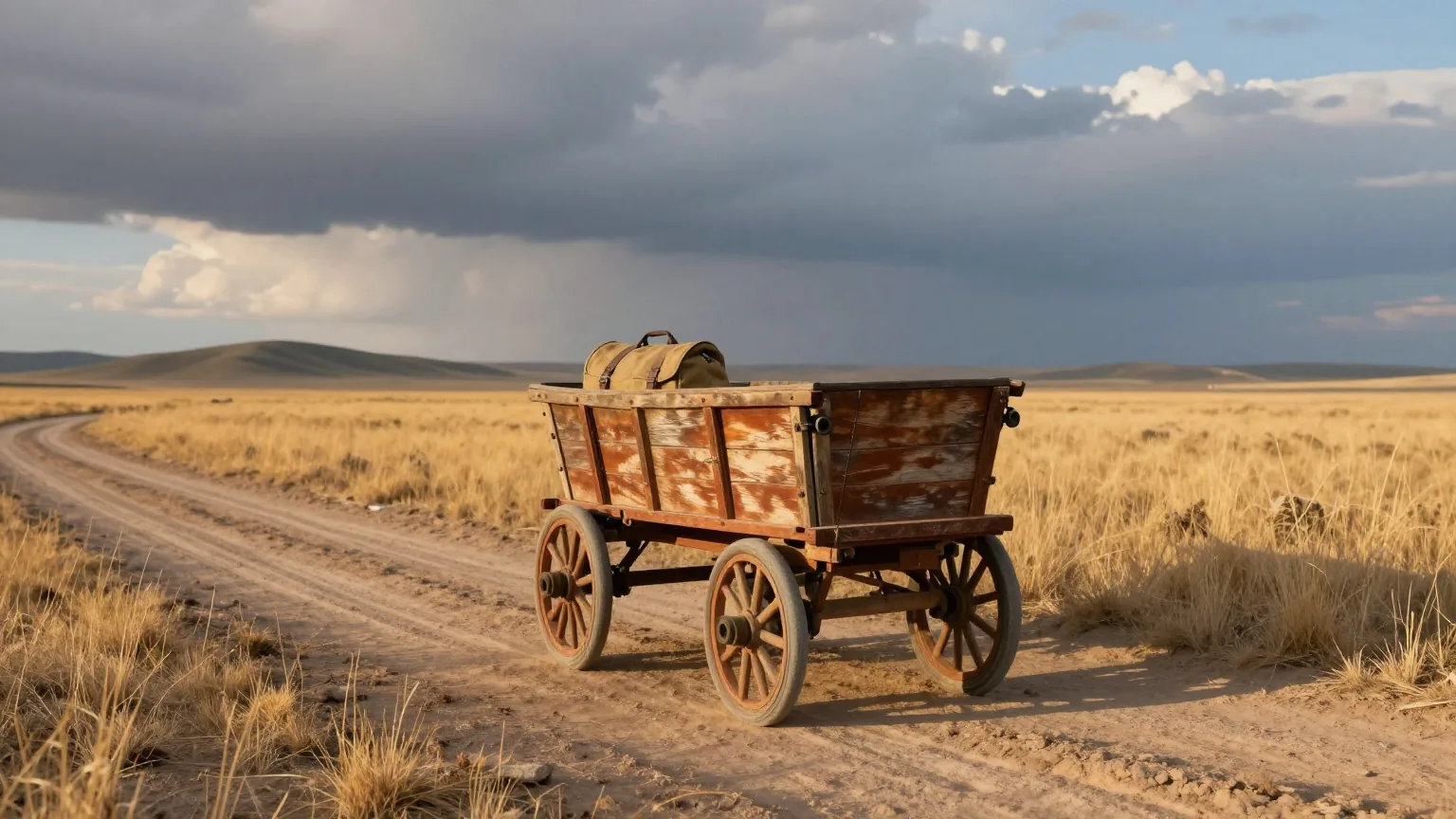 Leerer einspänniger Pferdewagen auf einem Feldweg durch trockenes Grasland unter dunklen Abendwolken