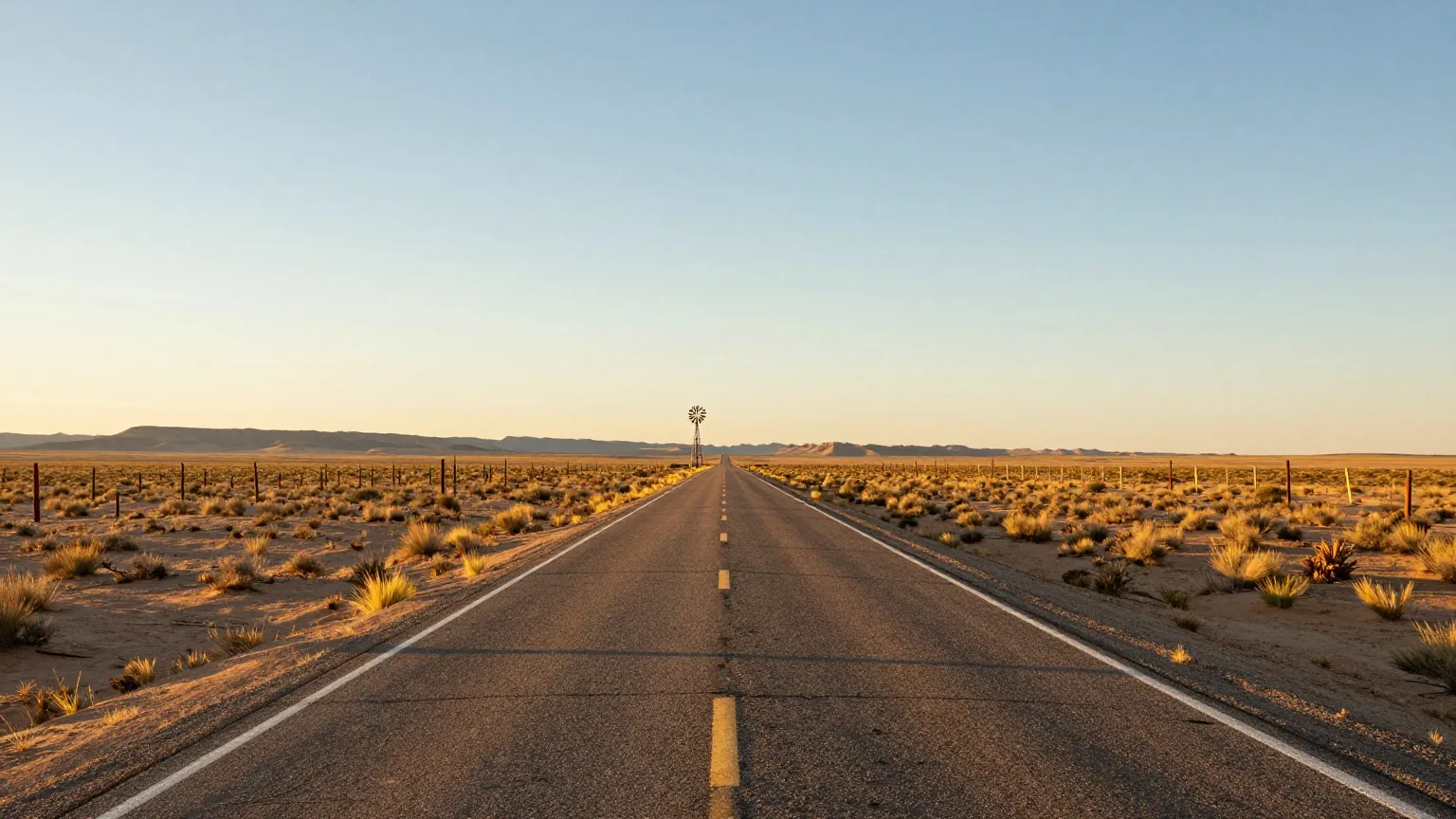 Leere zweispurige Landstraße durch flaches Buschland in West-Texas, ein Windrad und Zaunpfähle am Rand, niedrige Tafelberge am Horizont im goldenen Nachmittagslicht