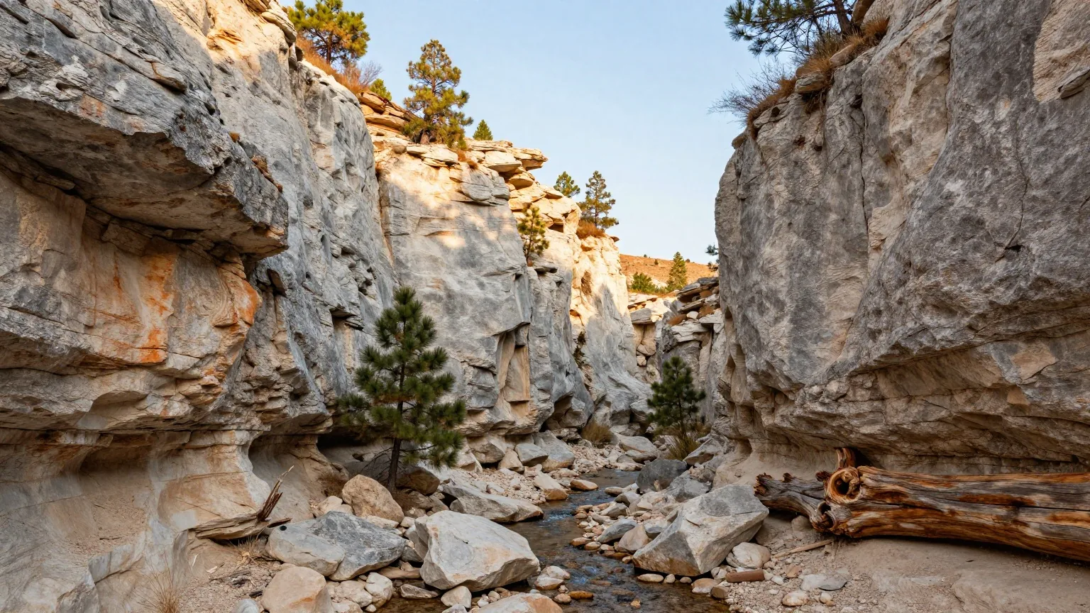 Schmale Kalksteinschlucht mit hohen hellgrauen Felswänden, trockenem Bachbett, einzelnen Kiefern und einem überhängenden Felsen im späten Nachmittagslicht