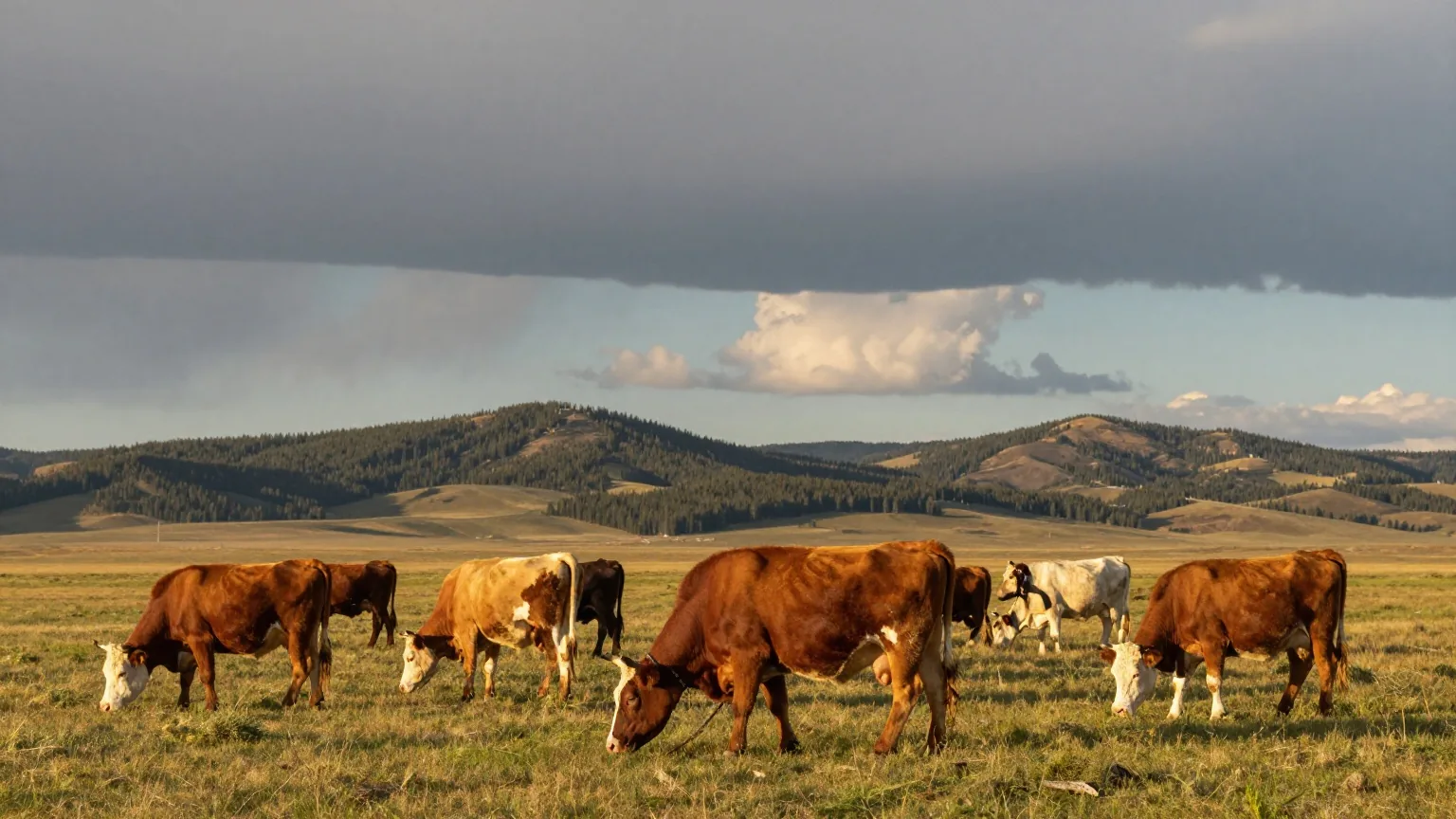 Rinderherde auf einer grünen Hochebene vor bewaldeten Ausläufern der Rocky Mountains, darüber dunkle Gewitterwolken und ein Streifen Abendsonne