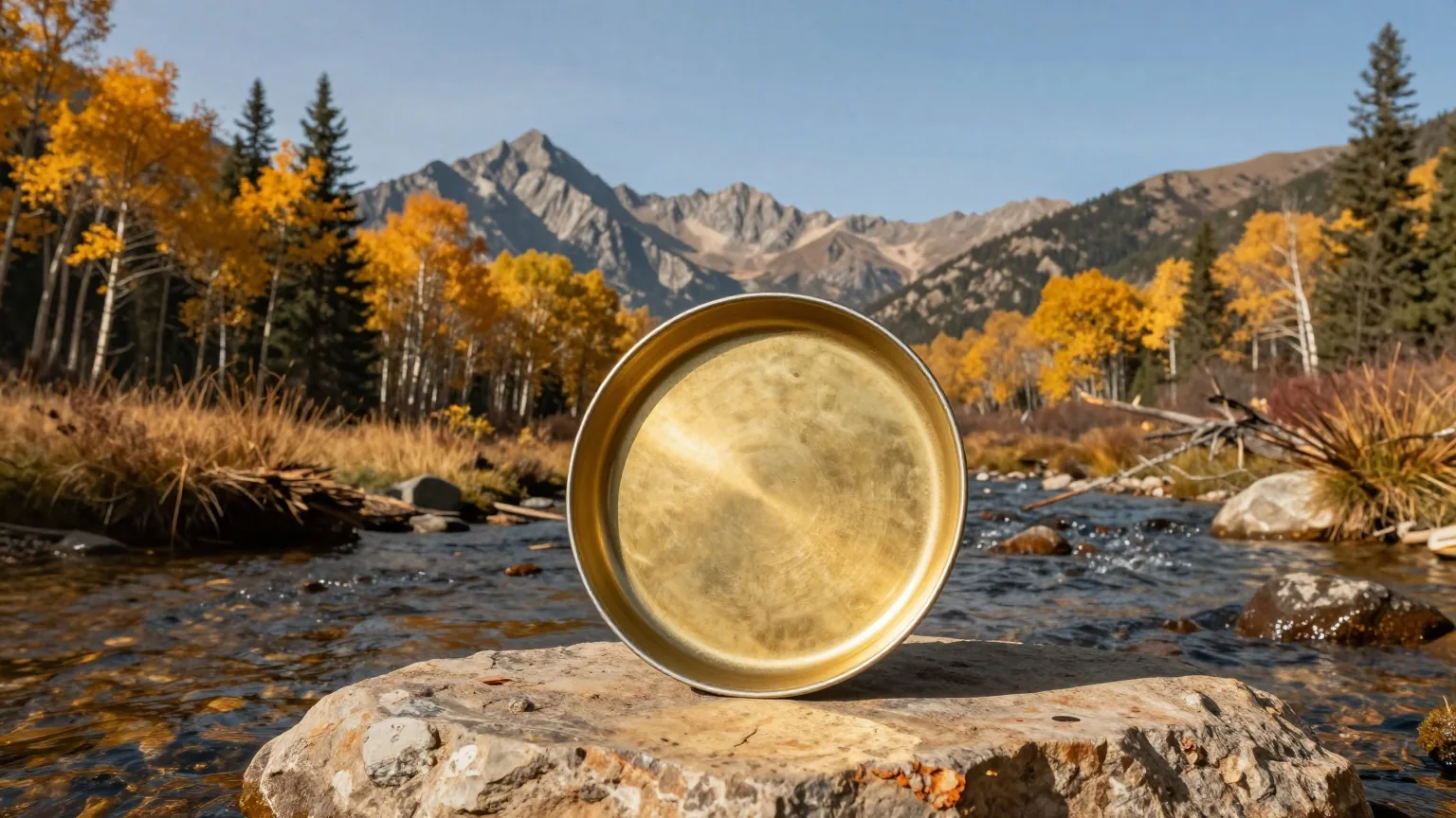 Goldwaschpfanne aus Blech auf einem Stein an einem klaren Gebirgsbach, dahinter herbstlich gelbe Espen und gezackte Berge im Nachmittagslicht