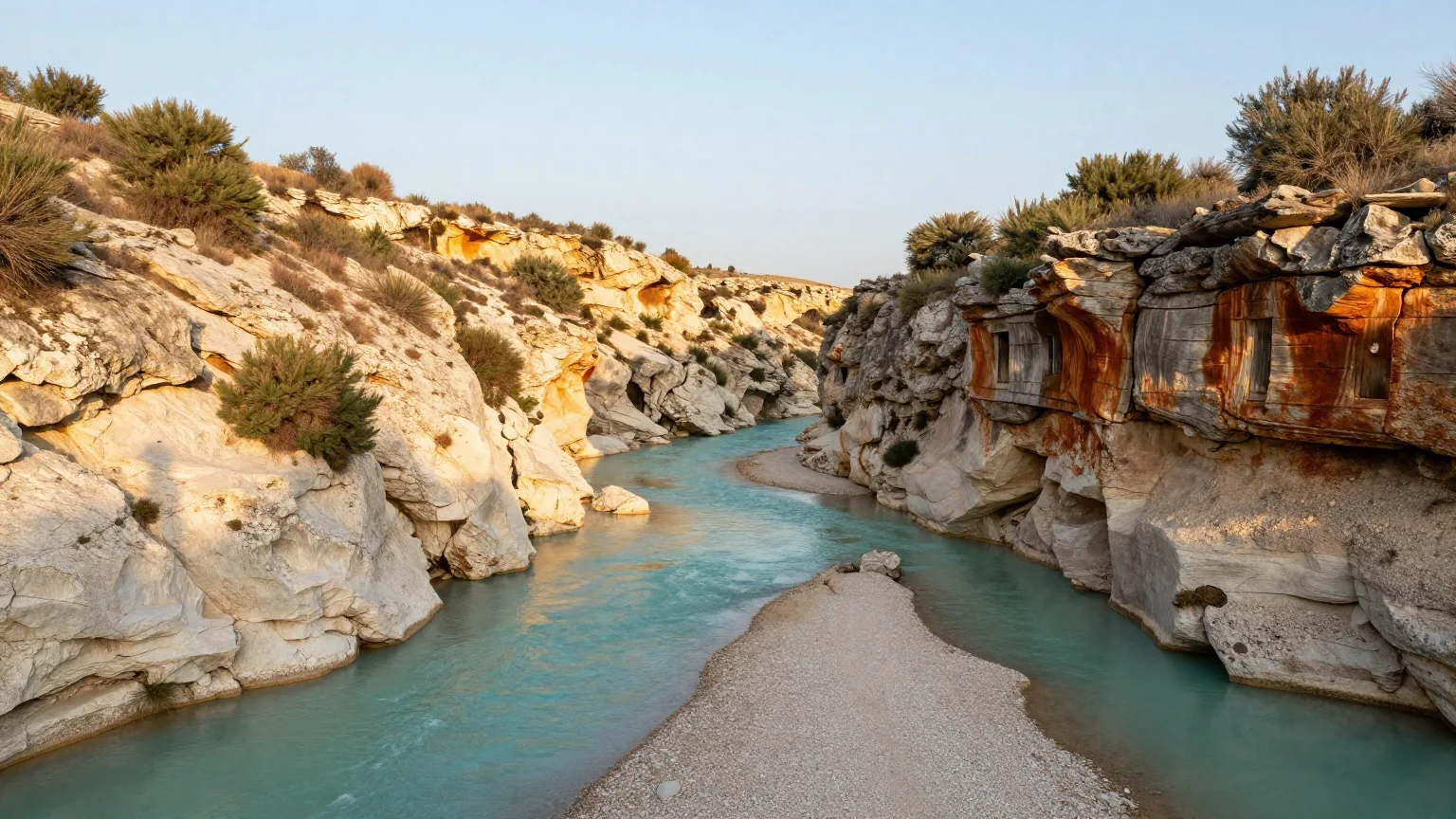 Grüne Karstschlucht mit einem türkisfarbenen Fluss, hellen Kalkfelsen und Wacholderbüschen im warmen Licht des späten Nachmittags
