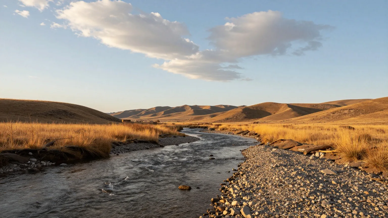 Breiter flacher Fluss mit Kiesufern in einem offenen Tal, rundliche Hügel mit trockenem goldenem Gras, dahinter eine Bergkette unter hohen Abendwolken im warmen Licht
