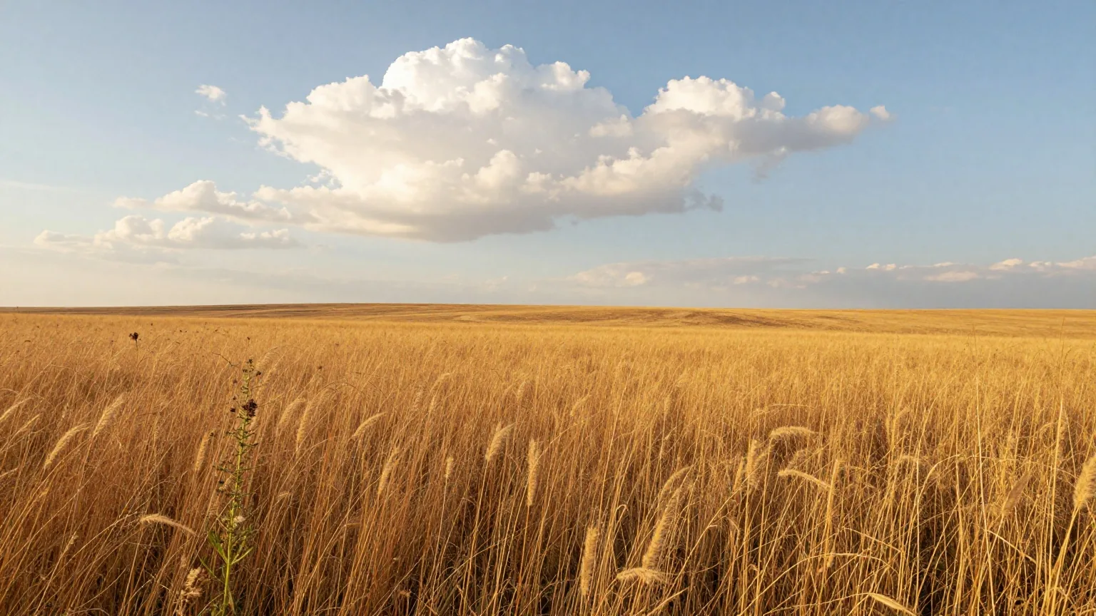 Weite Prärie in Kansas mit hohem goldenem Gras unter großem Wolkenhimmel im Licht des späten Nachmittags