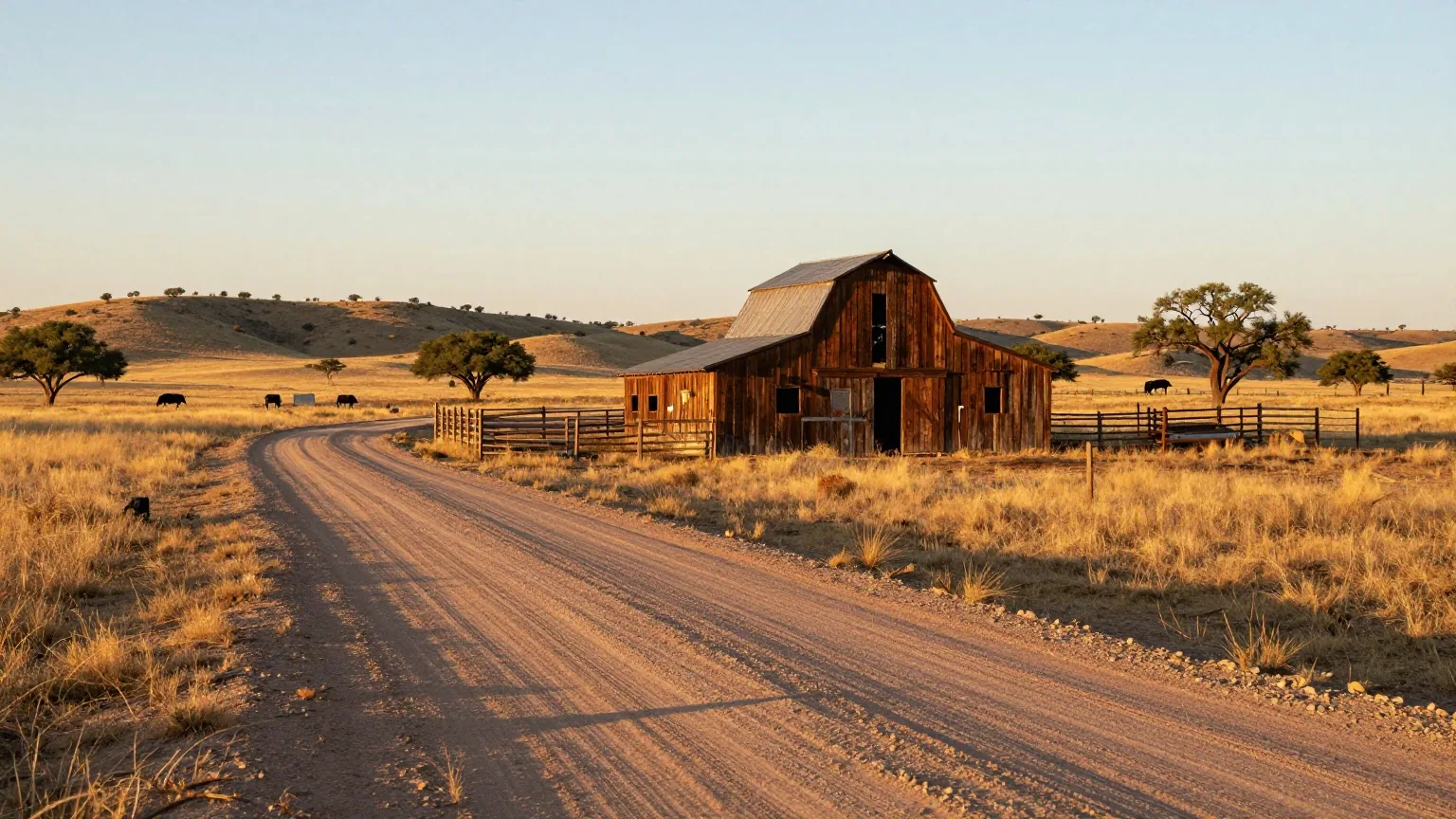 Weite Rinderranch in Texas im Abendlicht, ein Feldweg führt an einer verwitterten Holzscheune und einem Pferch vorbei zu niedrigen Hügeln mit Mesquitebäumen