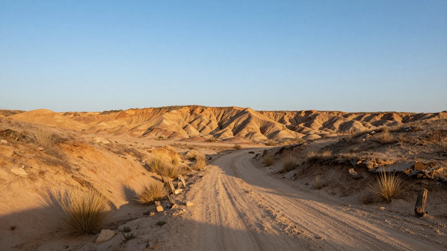 Ausgewaschene ockerfarbene Lehmhügel in einer trockenen Wüste, dazwischen ein Fahrweg und Grasbüschel unter weitem blauem Himmel im späten Nachmittagslicht
