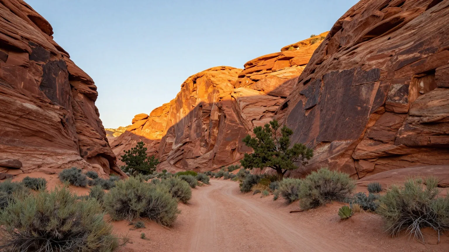 Canyon aus rotem Sandstein mit Beifußsträuchern und einem Reitpfad unter einem warmen Himmel am späten Nachmittag