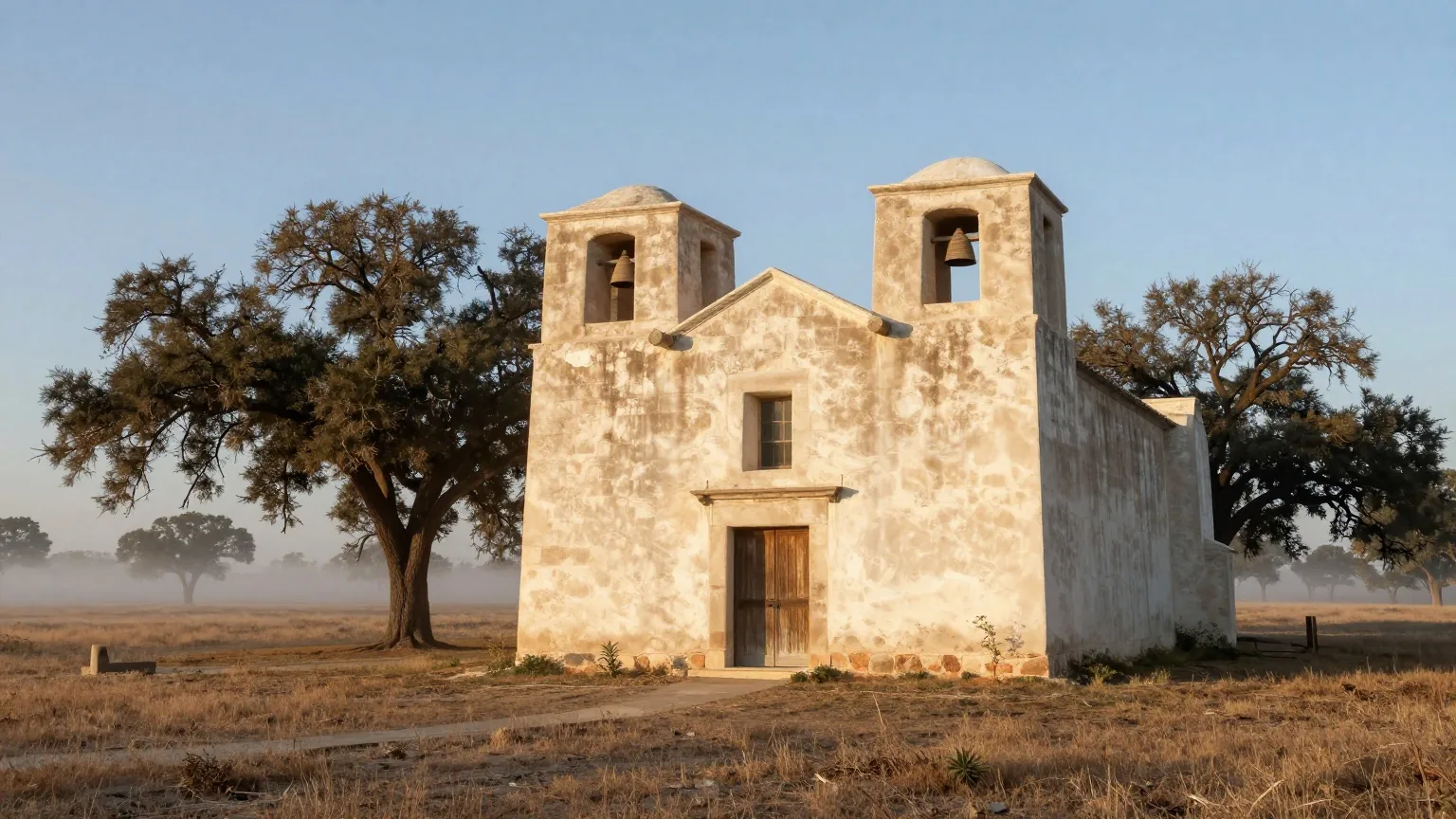 Verwitterte Kirche einer alten Mission aus hellem Kalkstein mit Lehmmauern im Morgengrauen, über dem trockenen Gras liegt leichter Nebel, dahinter Eichen