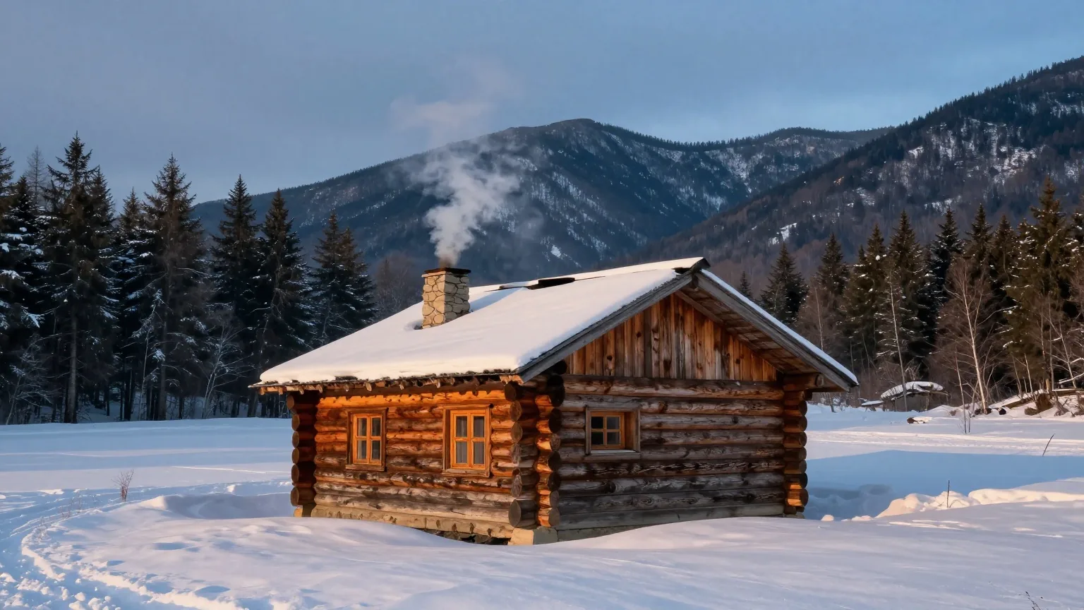 Einsame Holzhütte mit Stall auf einem verschneiten Bergpass in der Abenddämmerung, Rauch steigt aus dem Kamin, dahinter Schneetreiben über dunklen Gipfeln