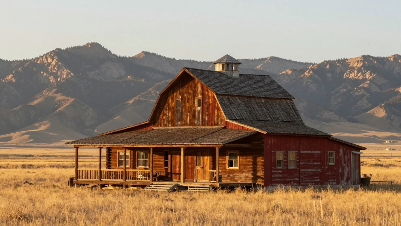 Zweistöckiges Ranchhaus aus Holz mit verwitterter Scheune auf weitem, goldgelbem Grasland, dahinter eine kahle, felsige Bergkette unter blassem Himmel