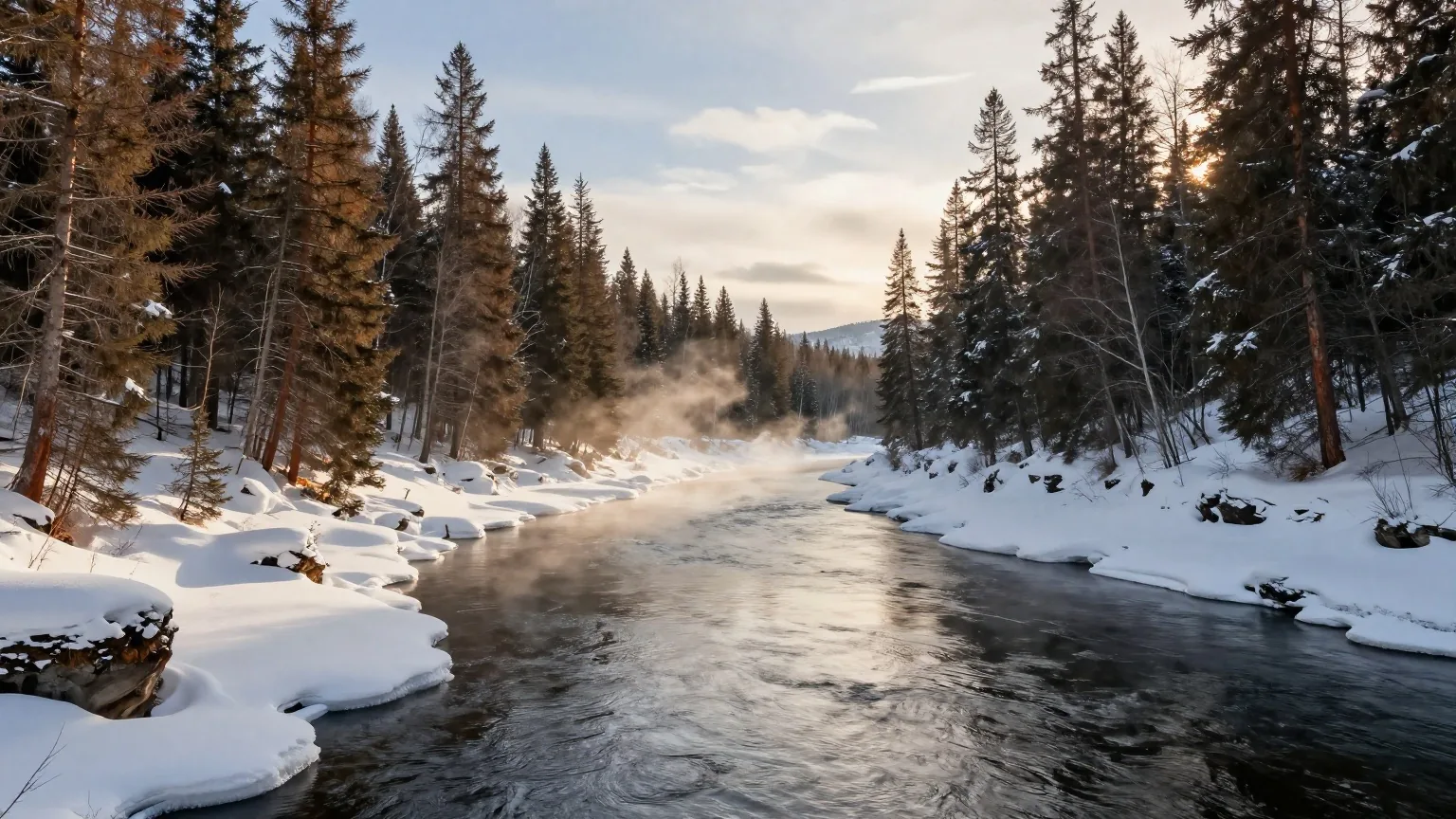 Verschneites Flusstal mit dunklem Nadelwald und Eisrändern am Ufer, dahinter steile Berghänge im kalten Morgenlicht