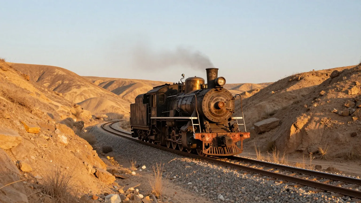 Alte Dampflokomotive auf einem einzelnen Gleis, das durch ein trockenes, felsiges Tal führt, im Licht der tief stehenden Abendsonne