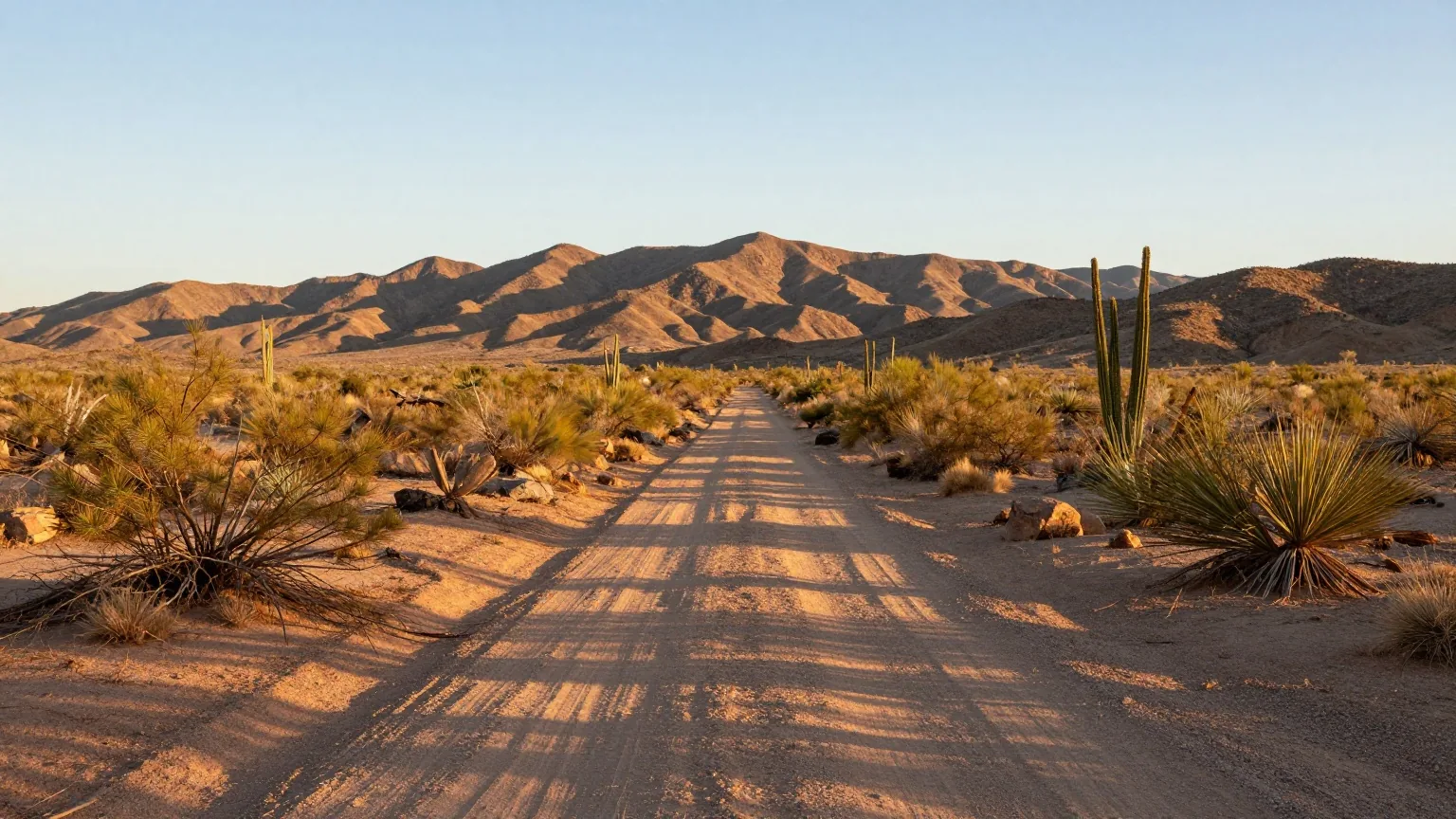 Weites Wüstental in Südarizona mit Mesquitebüschen, Ocotillo und Yucca, ein staubiger Fahrweg führt auf kahle braune Berge zu, im Abendlicht