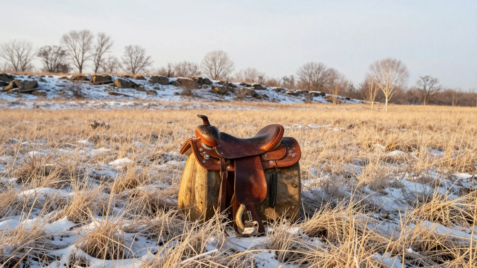 Verschneite Wiese mit kahlen Bäumen und einem flachen Felsrücken im fahlen Winterlicht, im Gras liegt ein abgenutzter Sattel