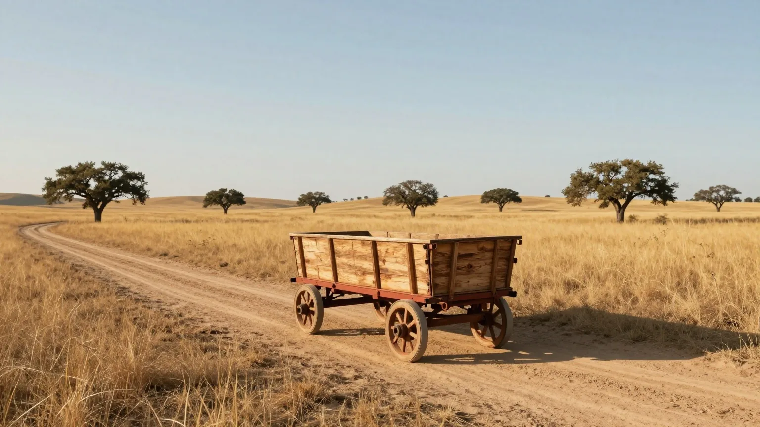 Leerer Holzwagen auf einem Feldweg in einer weiten, goldgelben Graslandschaft mit vereinzelten Eichen unter einem großen Himmel am späten Nachmittag
