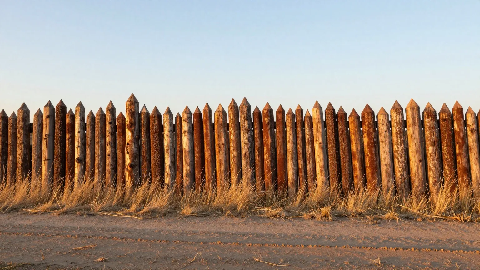 Verwitterte Palisadenwand aus angespitzten Holzstämmen im Abendlicht, davor trockenes Präriegras und ein ausgefahrener Weg