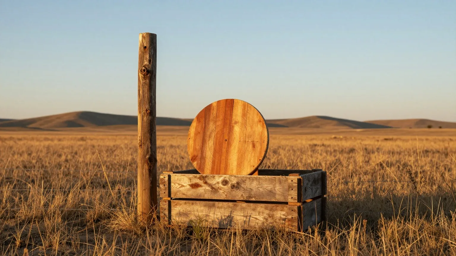 Runde Zielscheibe aus Holz an einer rohen Holzkiste vor einem Zaunpfosten auf offener Prärie im Nachmittagslicht
