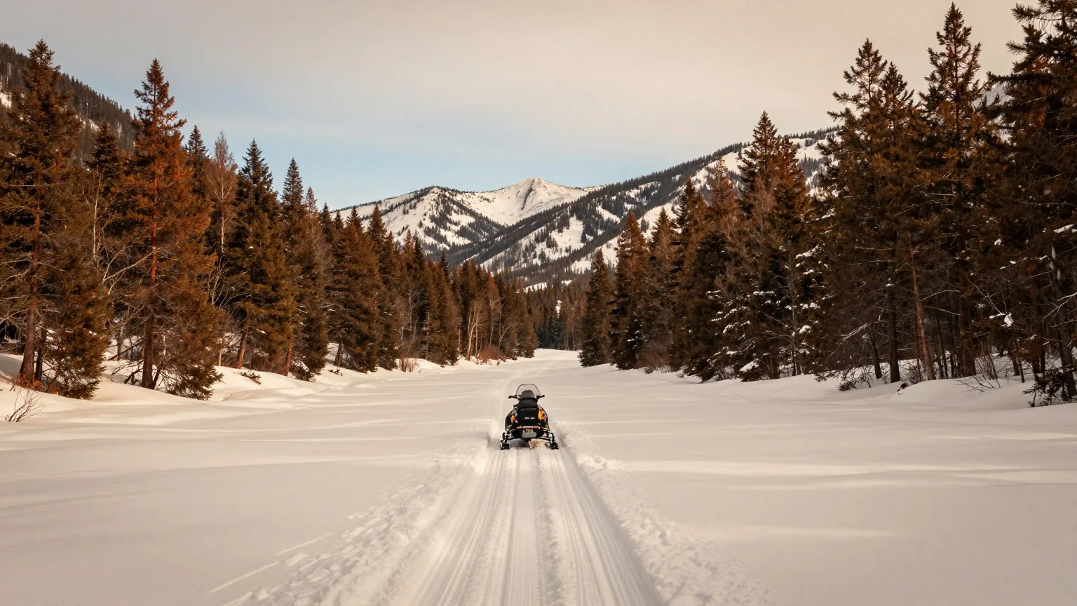 Verschneites Bergtal mit dunklem Kiefernwald unter blassem Winterhimmel, quer durch den unberührten Schnee eine einzelne Schneemobilspur
