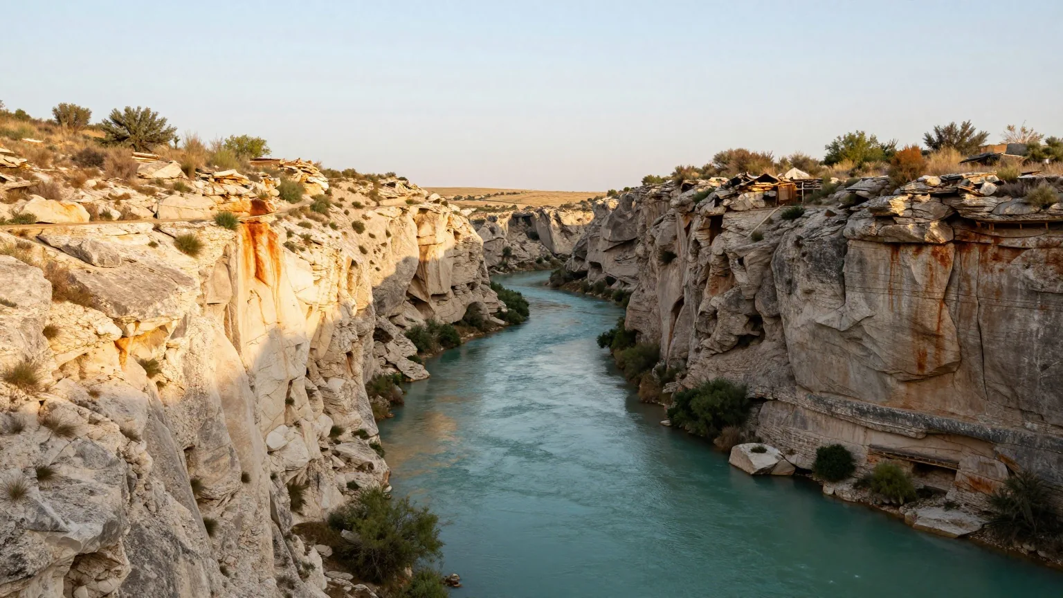 Canyon aus hellem Kalkstein mit einem türkisfarbenen Fluss zwischen grünen Büschen, oben am Rand ein schmaler Reitpfad im späten Nachmittagslicht