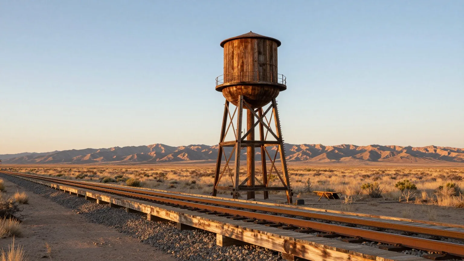 Einsamer Bahnsteig aus Holzbohlen an einem einzelnen Gleis in einer Hochwüste, daneben ein hölzerner Wasserturm, dahinter Berge im Abendlicht