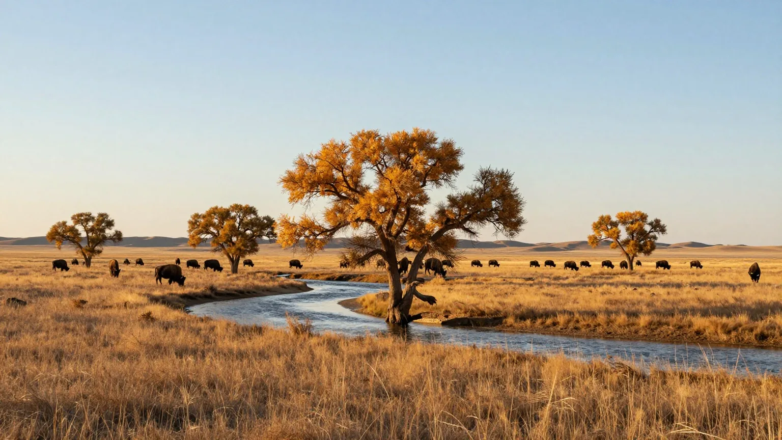 Weites Grasland der Great Plains mit einem Fluss und Pappeln am Ufer, in der Ferne grast eine Bisonherde im warmen Licht des späten Nachmittags