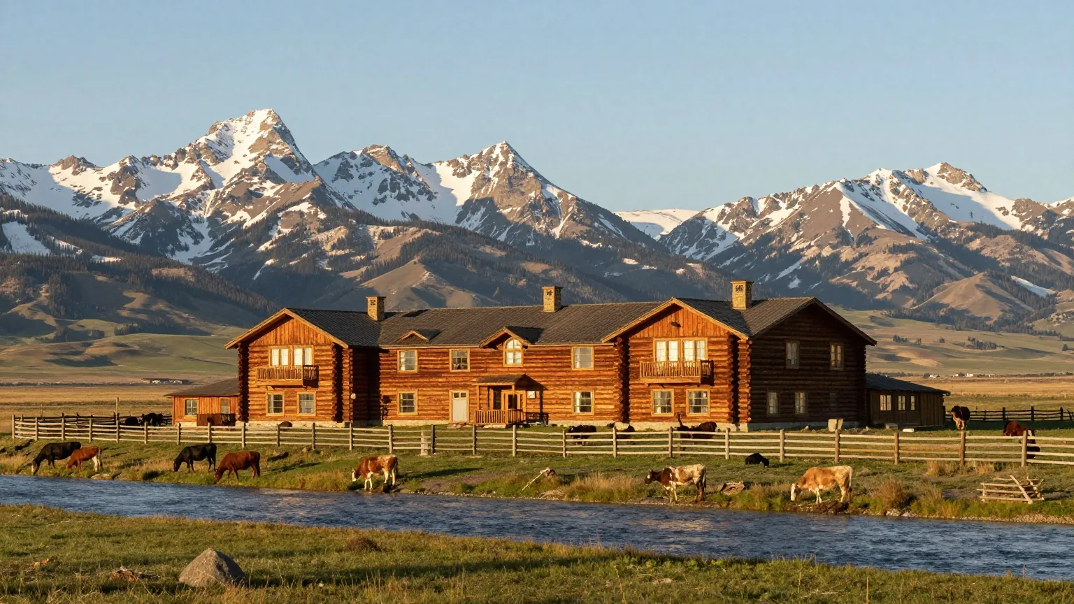 Ranchhaus aus Rundholz auf einer Anhöhe über einem weiten grünen Flusstal in Montana, dahinter schneebedeckte Gipfel, auf der Weide Rinder und Pferde